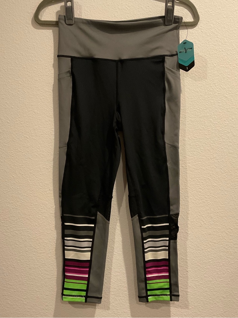 Workout leggings  Green and Pink Accent Stripes and Mesh Panels